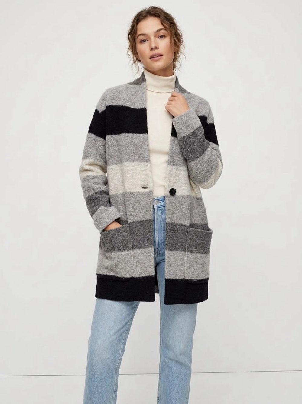 Aritzia Wilfred Free Grey Stripe Off Duty Plaid Wool Blend Cocoon Jacket Size S